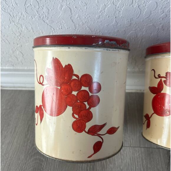 Vtg Retro MCM Nesting Metal Canisters Fruit Grapes Flower biege yellow Set Of 3 - Picture 10 of 11